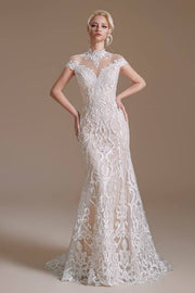 Deluxe High Neck Mermaid Lace Wedding Dresses with Appliques