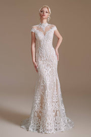 Deluxe High Neck Mermaid Lace Wedding Dresses with Appliques