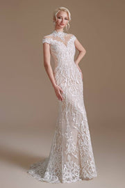 Deluxe High Neck Mermaid Lace Wedding Dresses with Appliques