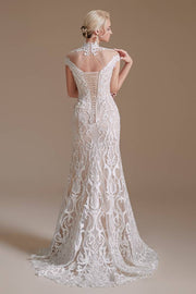 Deluxe High Neck Mermaid Lace Wedding Dresses with Appliques