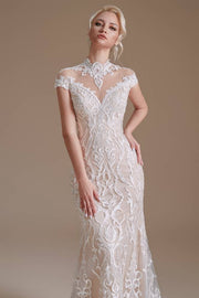 Deluxe High Neck Mermaid Lace Wedding Dresses with Appliques