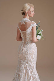 Deluxe High Neck Mermaid Lace Wedding Dresses with Appliques