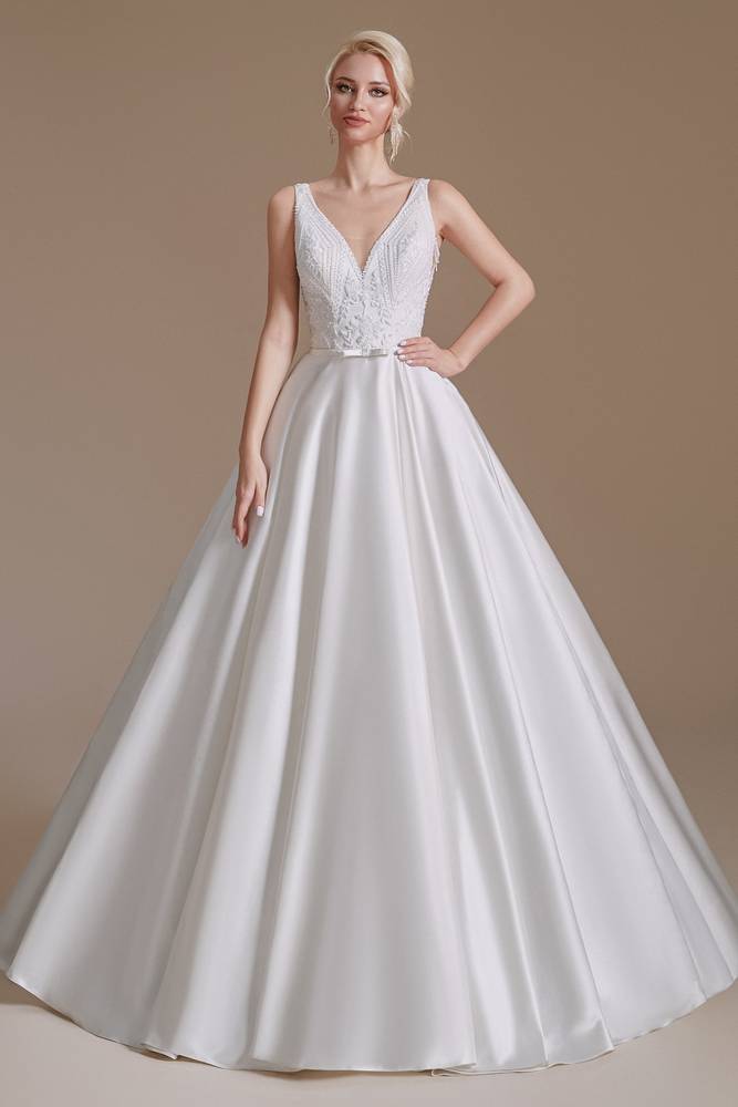 White V-Neck A-Line Sleeveless Satin Wedding Dresses with Appliques