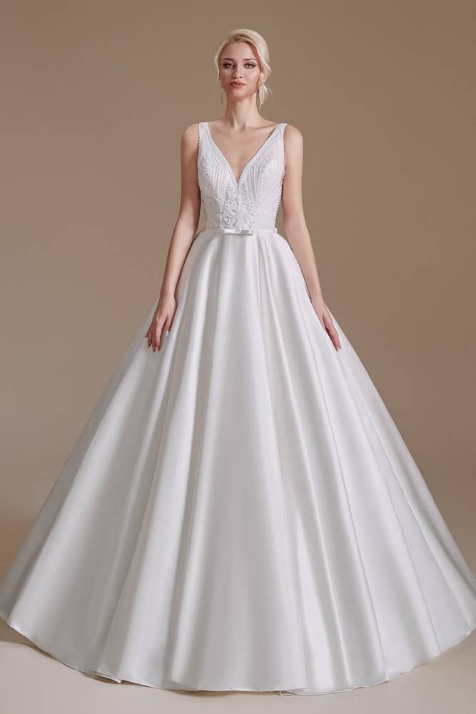 White V-Neck A-Line Sleeveless Satin Wedding Dresses with Appliques