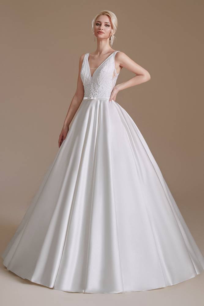 White V-Neck A-Line Sleeveless Satin Wedding Dresses with Appliques