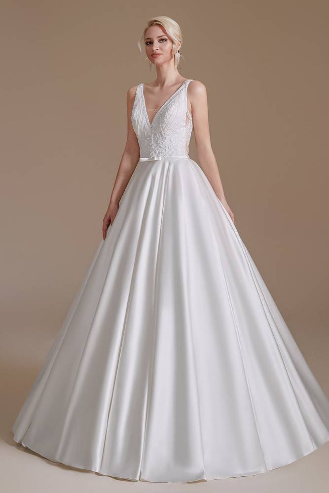 White V-Neck A-Line Sleeveless Satin Wedding Dresses with Appliques