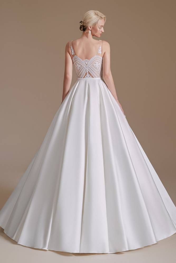 White V-Neck A-Line Sleeveless Satin Wedding Dresses with Appliques