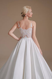 White V-Neck A-Line Sleeveless Satin Wedding Dresses with Appliques