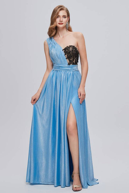 One Shoulder Blue Pleated A Line Prom Dress with Appliques