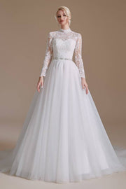 Charming High Neck Long Sleeves Wedding Dresses Tulle Long A-Line Lace with Sash