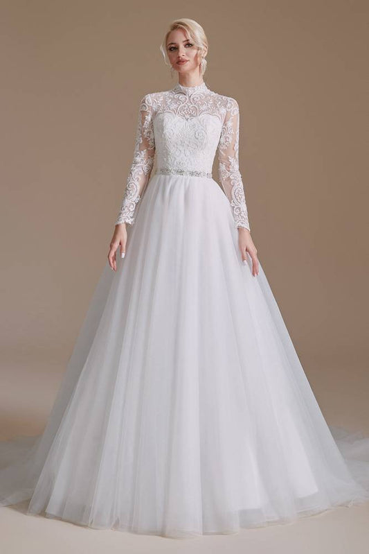 White Illusion High Neck A Line Lace Wedding Dress with Belt Loops