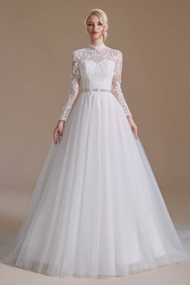 Charming High Neck Long Sleeves Wedding Dresses Tulle Long A-Line Lace with Sash