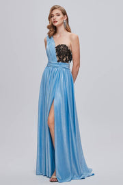 Blue Floor-Length One-Shoulder A-Line Prom Dresses with Slit