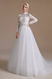 Charming High Neck Long Sleeves Wedding Dresses Tulle Long A-Line Lace with Sash