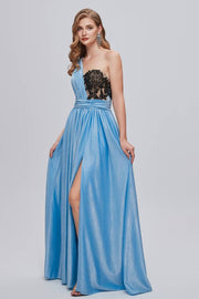 Blue Floor-Length One-Shoulder A-Line Prom Dresses with Slit