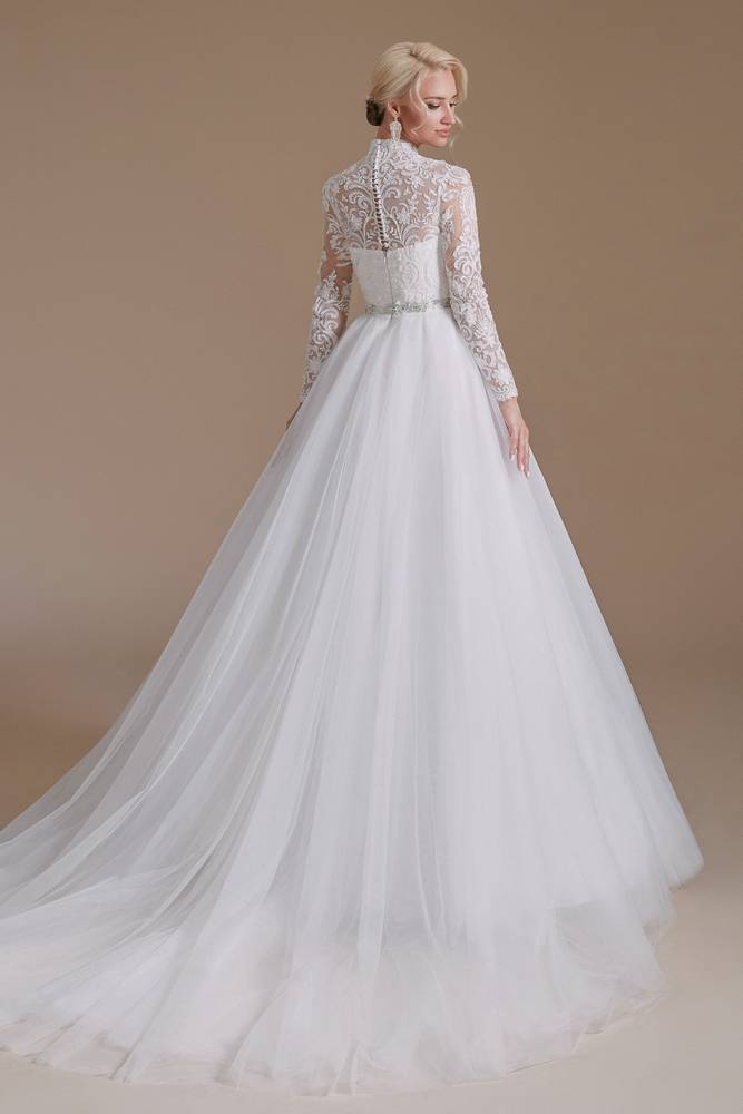 Charming High Neck Long Sleeves Wedding Dresses Tulle Long A-Line Lace with Sash