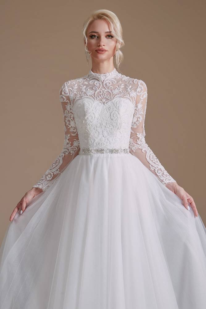 Charming High Neck Long Sleeves Wedding Dresses Tulle Long A-Line Lace with Sash