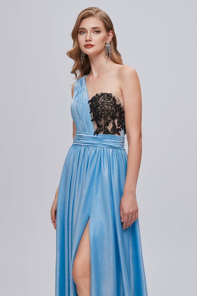 Blue Floor-Length One-Shoulder A-Line Prom Dresses with Slit