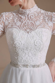 Charming High Neck Long Sleeves Wedding Dresses Tulle Long A-Line Lace with Sash