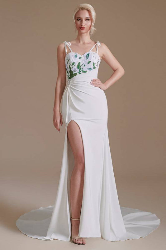 White Tie Strap Floral Mermaid Wedding Dress with Slit
