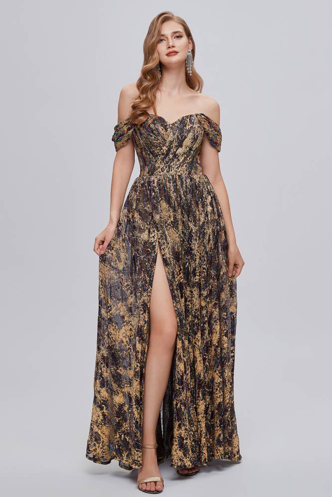 A-Line Prom Dresses Off-The-Shoulder Sweetheart Floral Print with Slit