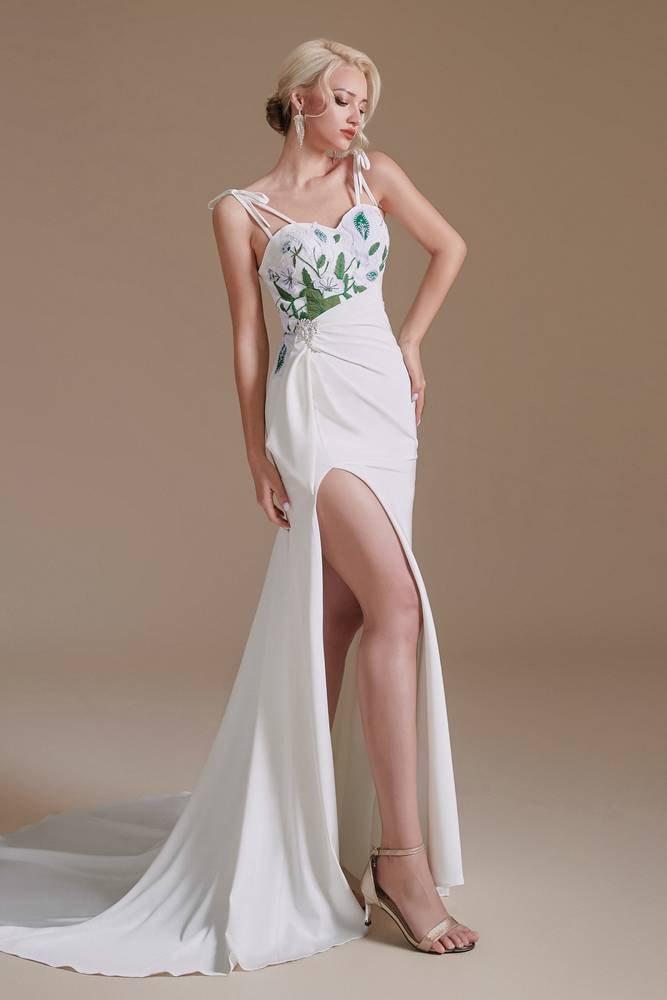 White Charming Satin Long Floral Mermaid Wedding Dresses with Slit