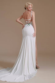 White Charming Satin Long Floral Mermaid Wedding Dresses with Slit