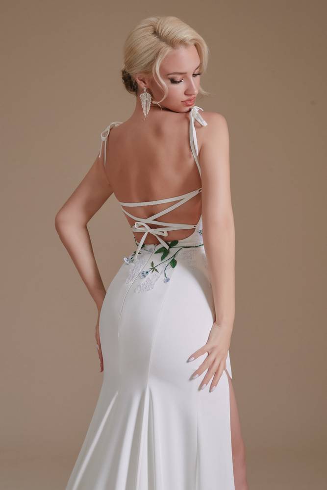 White Charming Satin Long Floral Mermaid Wedding Dresses with Slit