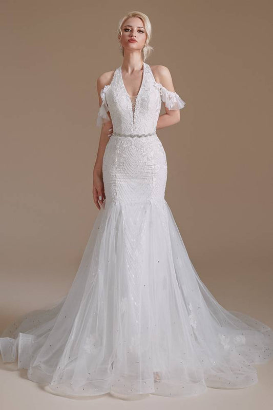 White Halter Mermaid Wedding Dress with Applique