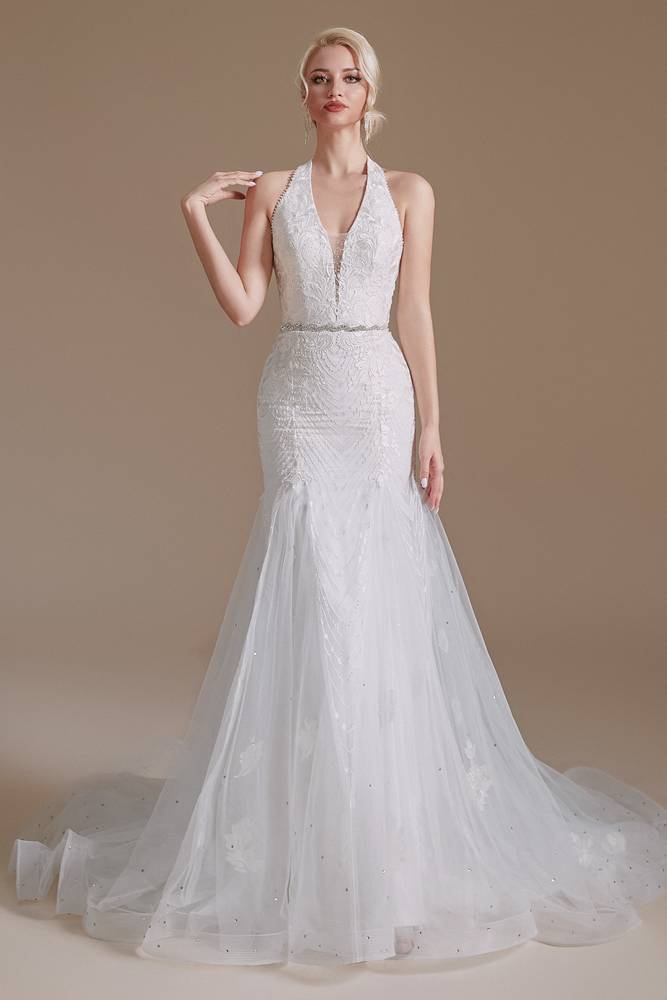 White V-Neck Off-The-Shoulder Mermaid Tulle Wedding Dresses