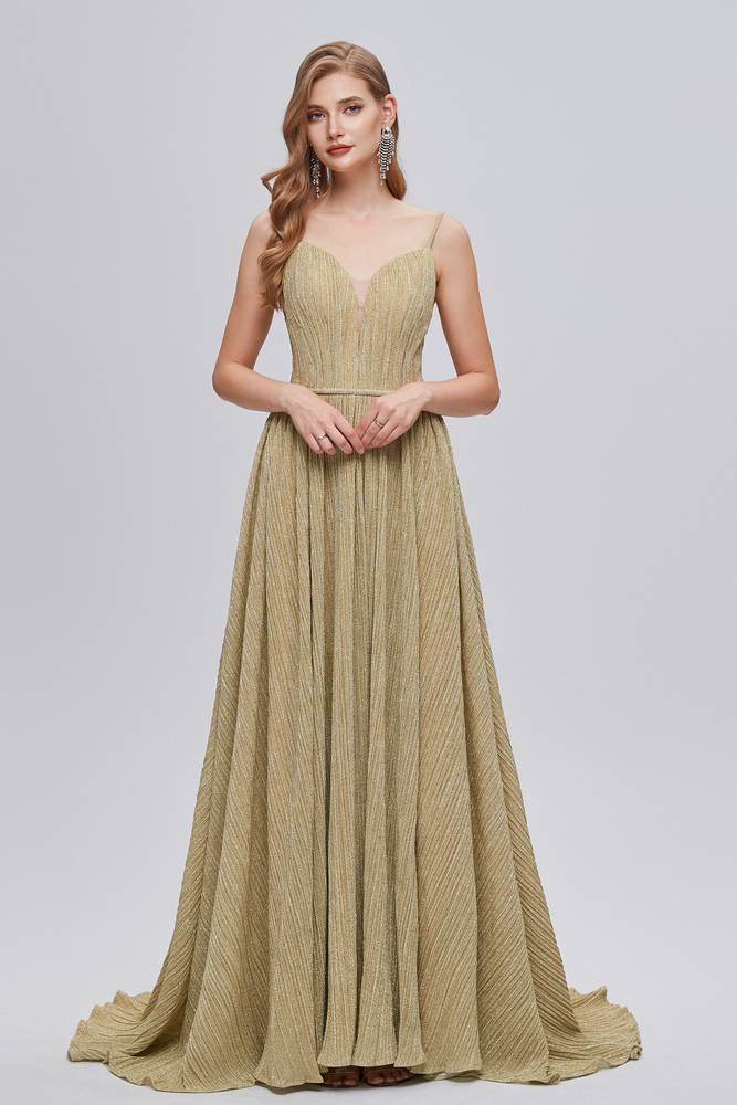 Celadon V-Neck Spaghetti Straps A Line Long Prom Dresses