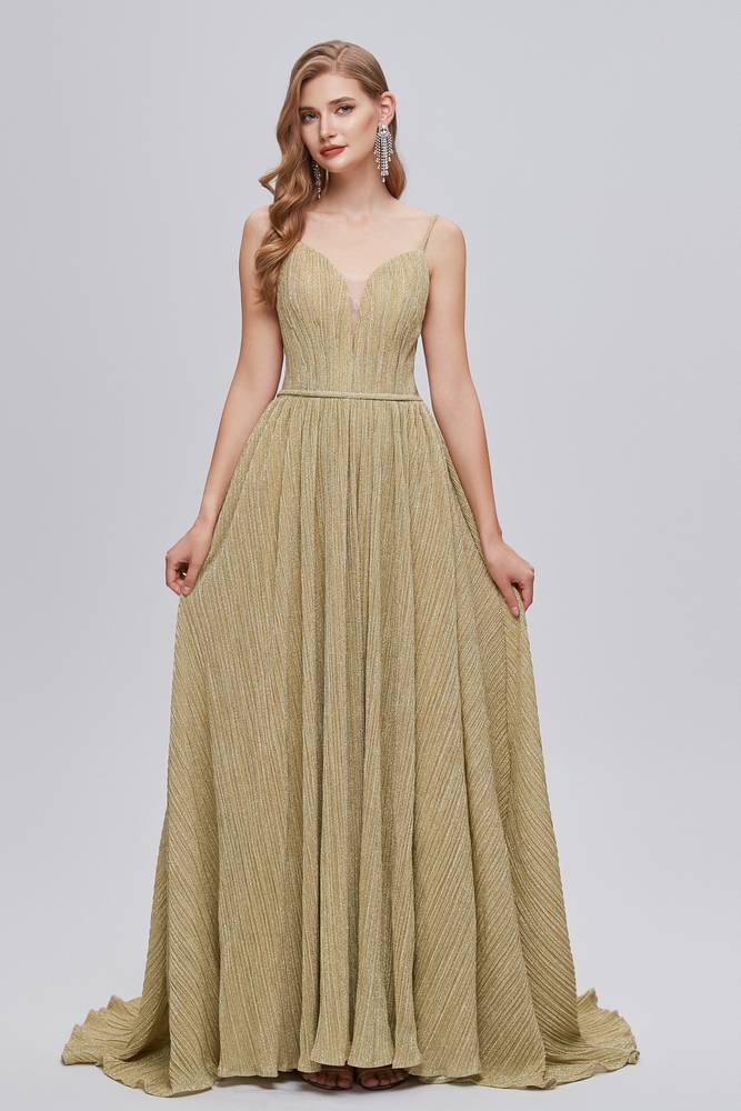 Celadon V-Neck Spaghetti Straps A Line Long Prom Dresses