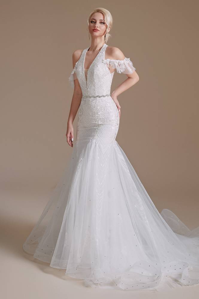 White V-Neck Off-The-Shoulder Mermaid Tulle Wedding Dresses