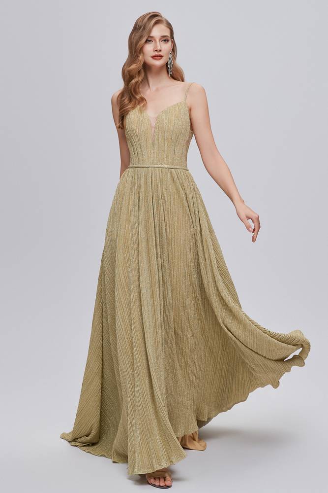 Celadon V-Neck Spaghetti Straps A Line Long Prom Dresses