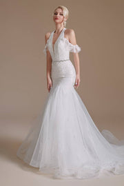 White V-Neck Off-The-Shoulder Mermaid Tulle Wedding Dresses