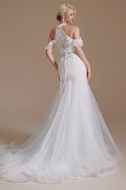 White V-Neck Off-The-Shoulder Mermaid Tulle Wedding Dresses