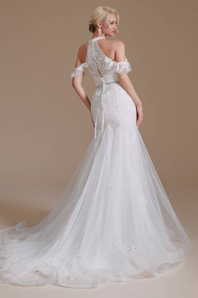 White V-Neck Off-The-Shoulder Mermaid Tulle Wedding Dresses