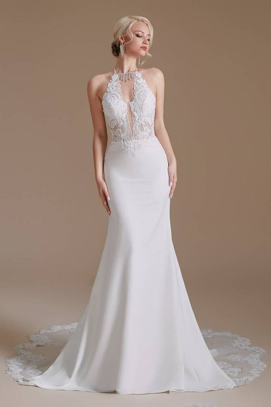 White Halter Plunging Neck Lace Wedding Dress with Rhinestone