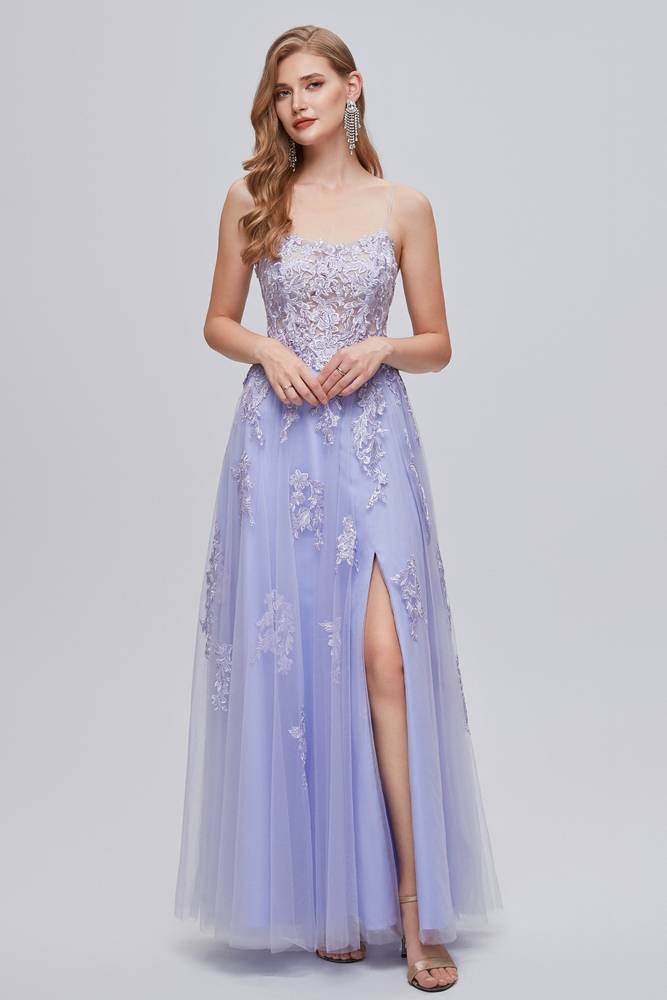 Lavender Split Front V-Neck Lace Prom Dresses A-Line with Appliques