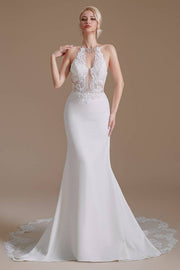 White Deep V-Neck Halter Mermaid Lace Wedding Dresses