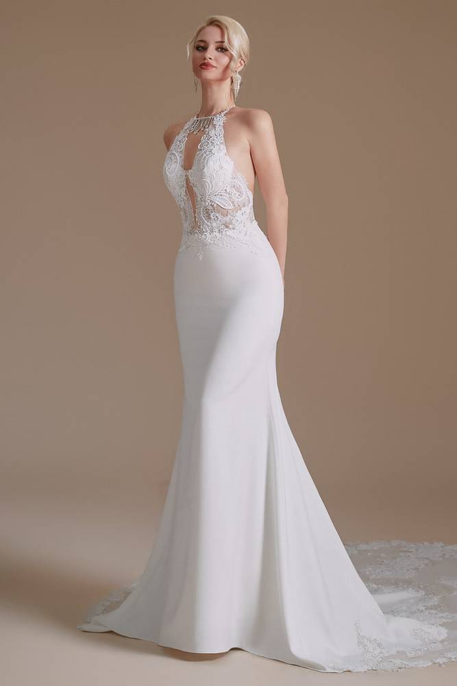 White Deep V-Neck Halter Mermaid Lace Wedding Dresses