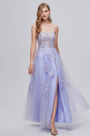 Lavender Split Front V-Neck Lace Prom Dresses A-Line with Appliques