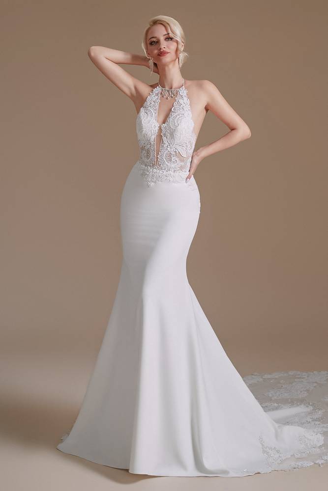 White Deep V-Neck Halter Mermaid Lace Wedding Dresses