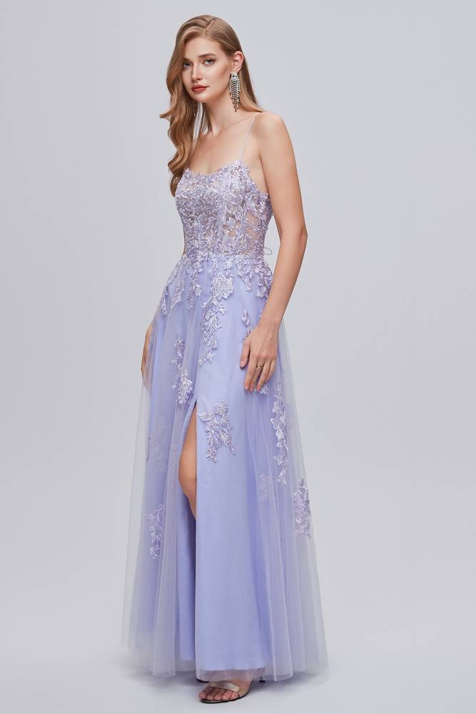 Lavender Split Front V-Neck Lace Prom Dresses A-Line with Appliques