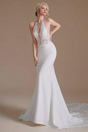 White Deep V-Neck Halter Mermaid Lace Wedding Dresses