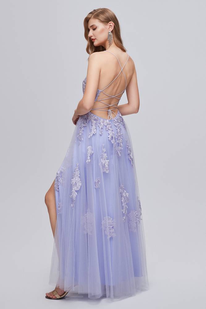 Lavender Split Front V-Neck Lace Prom Dresses A-Line with Appliques