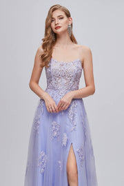 Lavender Split Front V-Neck Lace Prom Dresses A-Line with Appliques