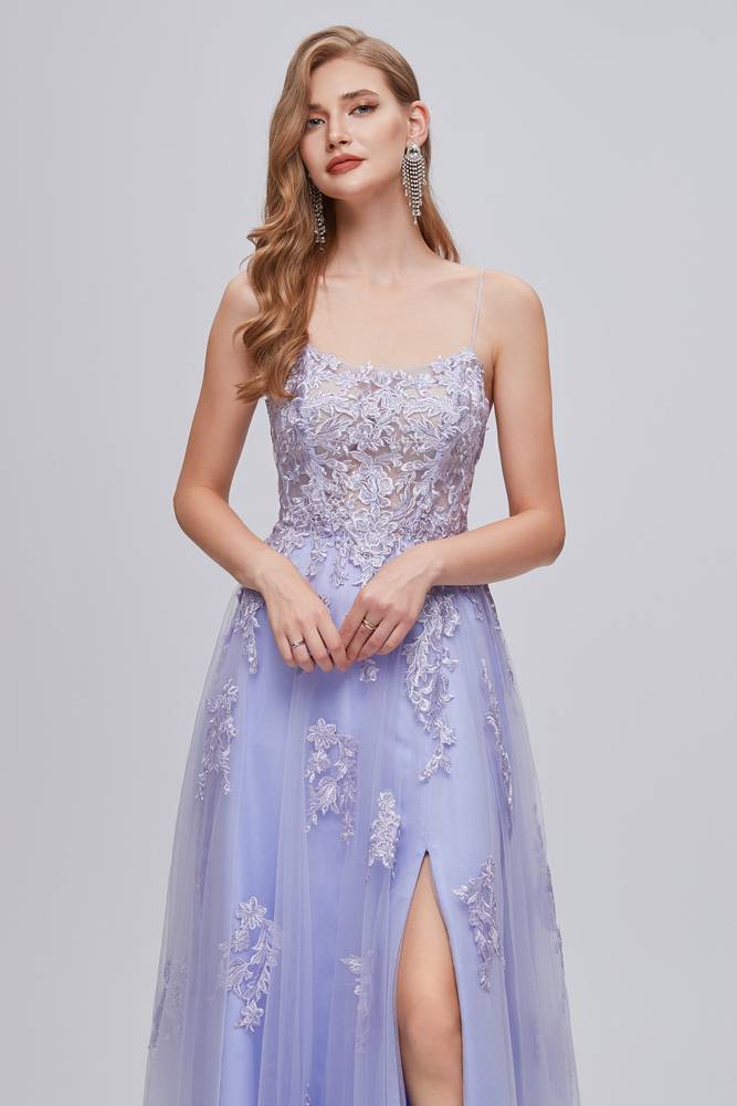 Lavender Split Front V-Neck Lace Prom Dresses A-Line with Appliques