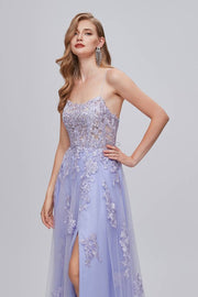 Lavender Split Front V-Neck Lace Prom Dresses A-Line with Appliques