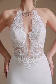 White Deep V-Neck Halter Mermaid Lace Wedding Dresses